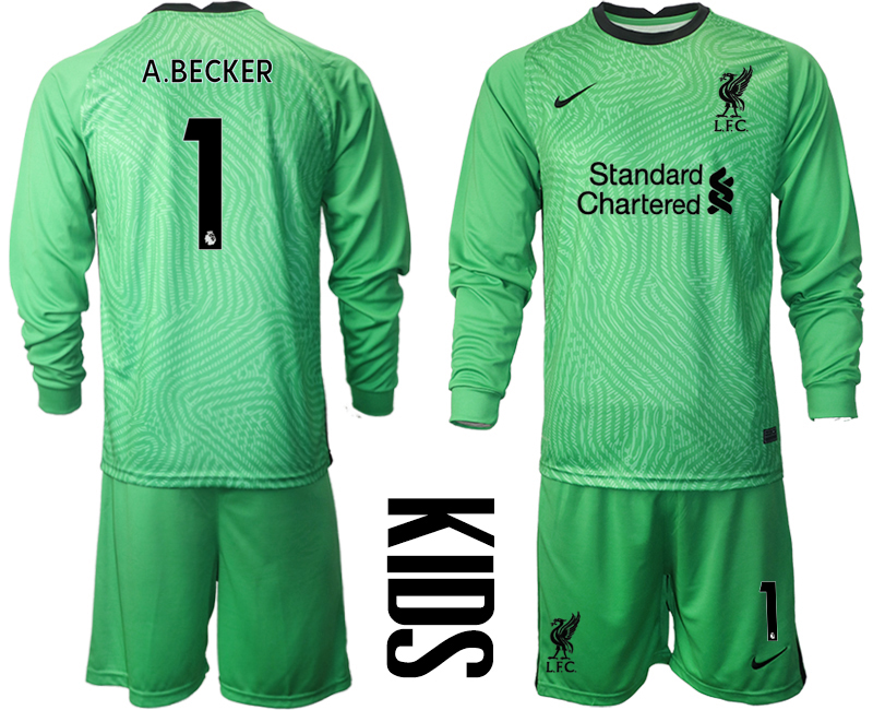 2021 Liverpool green goalkeeper long sleeve Youth #1 soccer jerseys->youth soccer jersey->Youth Jersey
